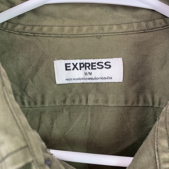 Express Green Military Look Patches Long Sleeve Button Up Shirt Medium - Picture 4 of 9